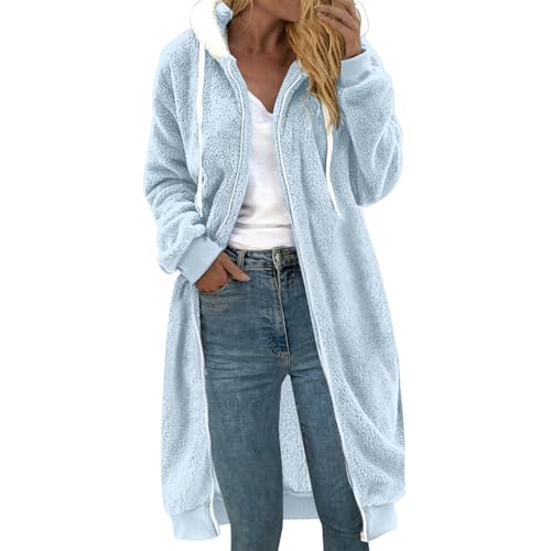 Generisch Teddyfell Jacke Damen mit Kapuze Flauschig Langarm Wintermantel Lässige Kapuzenpullover Mantel Weich und bequem Flanell Pullover Damen Teddy Fleecepullover (Sky Blue, L) von Generisch
