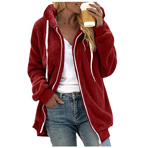 Generisch Teddyfell Jacke Damen mit Kapuze Winter Reißverschluss Kapuzenjacke Farbblock Hooded Jacket Lange Cardigan Lose Winter Pulli Tops Oberteile Damen Teddy Fleecepullover (Wine, XL) von Generisch