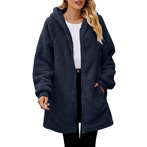 Generisch Teddyfleece Jacke Damen, Fleecejacke Damen Teddyjacke Warm Elegant Kapuzenpullover Wintermantel Kuscheljacke Outdoor Mantel Herbstjacke Winterjacke Mit Taschen von Generisch