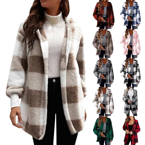 Generisch Teddyfleece Jacke Damen Kuschelig Weicher Plüschmantel Modischer Karierter Mantel Herbst Winter Hoodie Bluse Knopfloser Cardigan Hemdjacke mit Knöpfen Wintermantel Winterjacke Strickjacke von Generisch