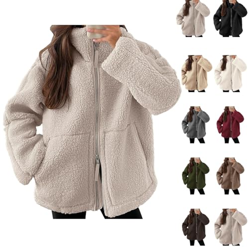 Generisch Teddyjacke Damen Fleecejacke Warme Dicke Freizeit Winterjacke Einfarbig Teddyfleece Teddy Jacke mit Taschen und Reißverschluss Wintermantel Winterjacke 2025 Plüschjacke von Generisch