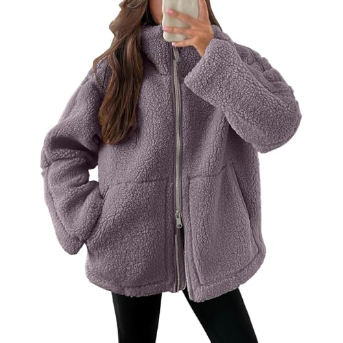 Teddyjacke Damen Fleecejacke Warme Dicke Freizeit Zwei-Wege Reißverschluss Winterjacke Einfarbig Teddyfleece Teddy Jacke mit Taschen und Reißverschluss Wintermantel Winterjacke 2025 Plüschjacke von Generisch