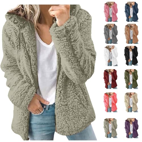 Generisch Teddyjacke Damen Fleecejacke Warme Winterjacke Einfarbig Dicke Freizeit Teddyfleece Teddy Jacke mit Taschen und Reißverschluss Wintermantel Winterjacke 2031 Plüschjacke XXL von Generisch