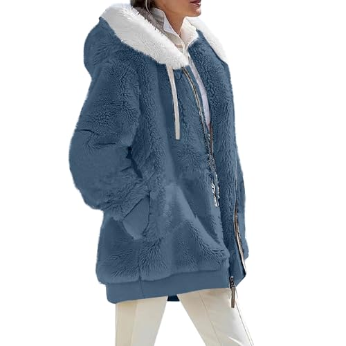 Generisch Teddyjacke Damen Mit Kapuze Fleecejacke Warm Wintermantel Winddicht Winterjacke Locker Flauschjacke Mit Reissverschluss Plüschmantel Mit Taschen Plüschjacke Elegant Mantel Casual Jacke Kurz von Generisch