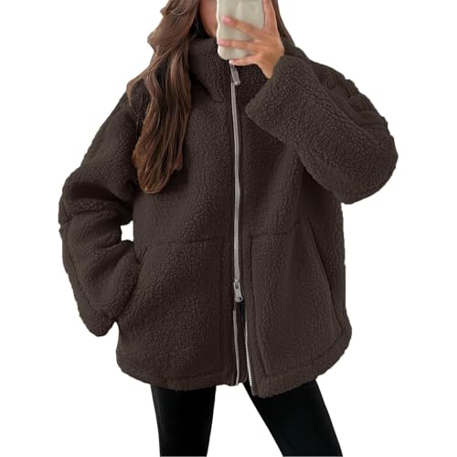 Generisch Teddyjacke Damen Warme Teddyfleece Jacke Einfarbig Fleecejacke Mit Taschen Flauschig Plüschjacke Freizeit Outdoor Fleecemantel Thermal Teddy Wintermantel,A Braun,Xl von Generisch