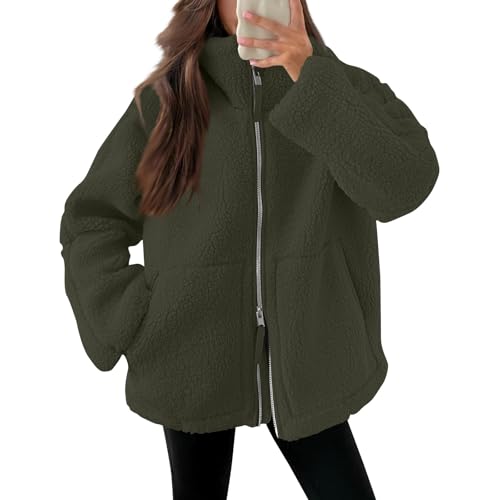 Generisch Teddyjacke Damen Warme Teddyfleece Jacke Einfarbig Fleecejacke Mit Taschen Flauschig Plüschjacke Freizeit Outdoor Fleecemantel Thermal Teddy Wintermantel,B Armeegrün,L von Generisch