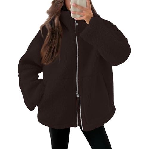 Generisch Teddyjacke Damen Warme Teddyfleece Jacke Einfarbig Fleecejacke Mit Taschen Flauschig Plüschjacke Freizeit Outdoor Fleecemantel Thermal Teddy Wintermantel,B Braun,L von Generisch