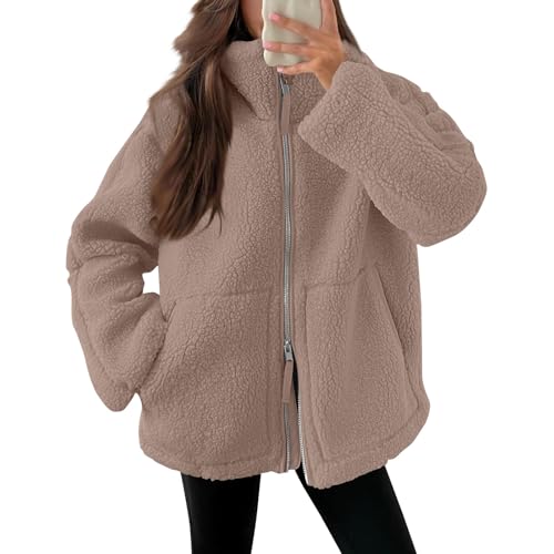 Generisch Teddyjacke Damen Warme Teddyfleece Jacke Einfarbig Fleecejacke Mit Taschen Flauschig Plüschjacke Freizeit Outdoor Fleecemantel Thermal Teddy Wintermantel,B Kaffee,L von Generisch