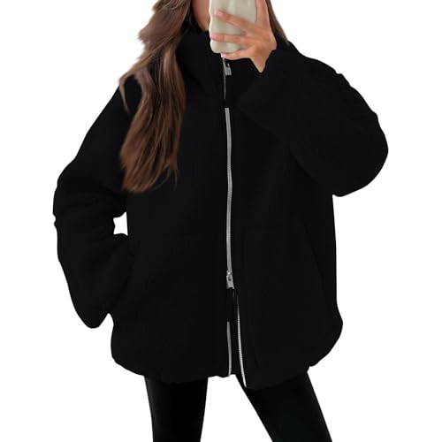 Generisch Teddyjacke Damen Warme Teddyfleece Jacke Einfarbig Fleecejacke Mit Taschen Flauschig Plüschjacke Freizeit Outdoor Fleecemantel Thermal Teddy Wintermantel,B Schwarz,L von Generisch