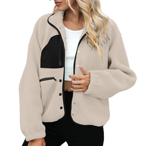 Generisch Teddyjacke Damen Winter Teddyfleece Jacke Farbkontrast Winterjacke Revers Knopfleiste Wintermantel Modisch Fleecejacke mit Tachen Langarm Teddy Mantel Locker Plüschjacke Streetwear von Generisch
