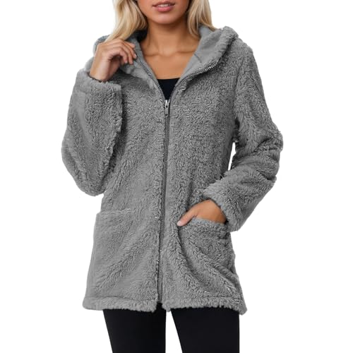 Generisch Teddyjacke Damen mit Kapuze - Fleecejacke Damen Winter Teddy Jacke Herbst Kapuzenpullover Warme Plüschjacke Sweatshirt Große Größen Übergangsjacke Tasche Flauschig Teddyjacke von Generisch