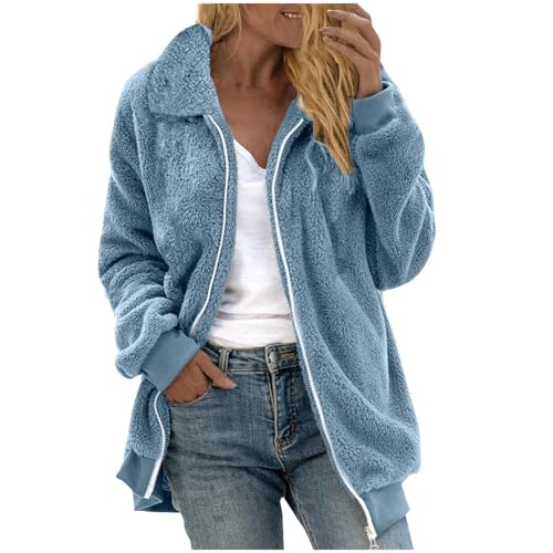 Generisch Teddyjacke Damen ohne Kapuze Kuscheljacke Lang Plüschjacke Flauschig Fleecejacke Revers Wintermantel Warm Teddymantel Bequem Weich Übergangsjacke Oversize Outwear Sportlich Outdoor Jacken von Generisch