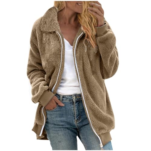 Generisch Teddyjacke Damen ohne Kapuze Kuscheljacke Lang Plüschjacke Flauschig Fleecejacke Revers Wintermantel Warm Teddymantel Bequem Weich Übergangsjacke Oversize Outwear Sportlich Outdoor Jacken von Generisch