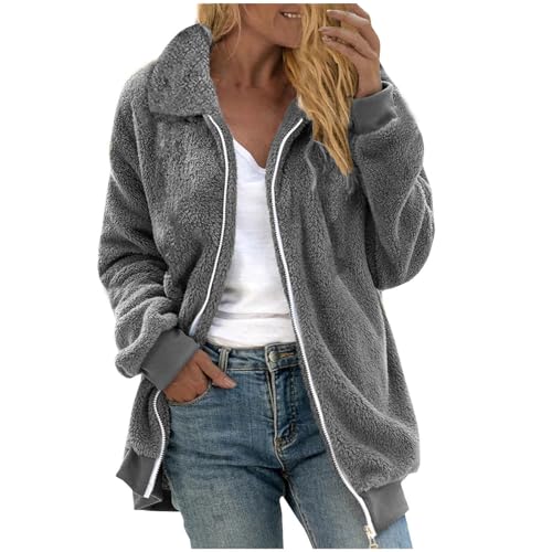 Generisch Teddyjacke Damen ohne Kapuze Kuscheljacke Lang Plüschjacke Flauschig Fleecejacke Revers Wintermantel Warm Teddymantel Bequem Weich Übergangsjacke Oversize Outwear Sportlich Outdoor Jacken von Generisch