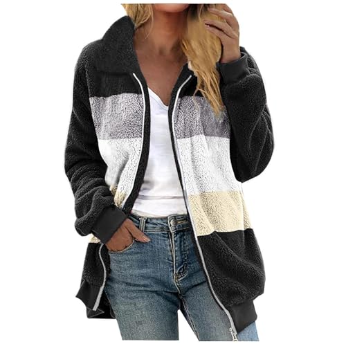 Generisch Teddyjacke Damen ohne Kapuze Kuscheljacke Lang Plüschjacke Flauschig Fleecejacke Revers Wintermantel Warm Teddymantel Bequem Weich Übergangsjacke Oversize Outwear Sportlich Outdoor Jacken von Generisch