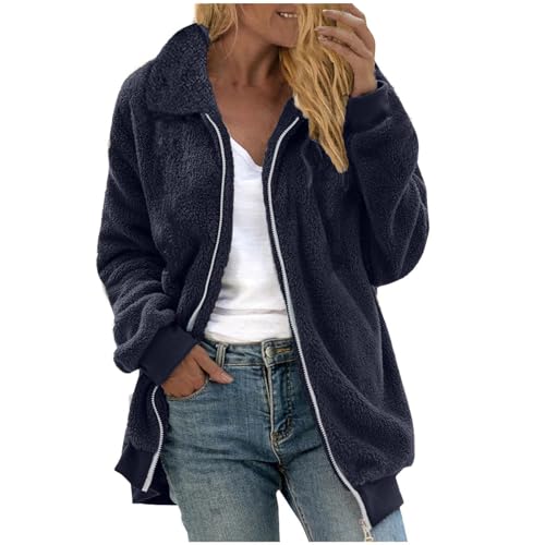 Generisch Teddyjacke Damen ohne Kapuze Kuscheljacke Lang Plüschjacke Flauschig Fleecejacke Revers Wintermantel Warm Teddymantel Bequem Weich Übergangsjacke Oversize Outwear Sportlich Outdoor Jacken von Generisch