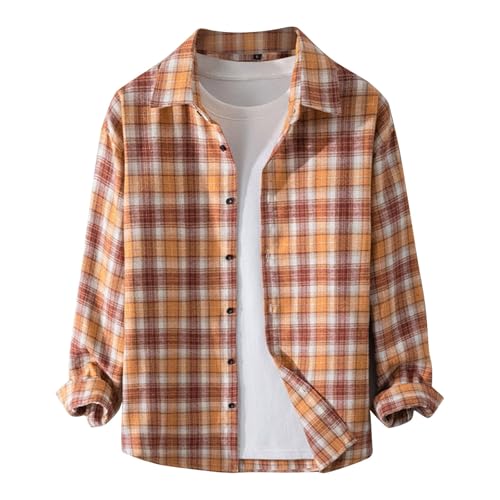 Generisch Thermohemd Herren, Kariertes Regular Fit Hemd Langarm Button Down Freizeithemd Shirt Herren Weisse Hemden (XXL, Orange) von Generisch