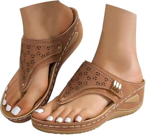 Generisch Toe Post Sandals Wide Fit Sandals Orthopedic Wedge Flip Flops Arch Support Slip On Slippers (Brown,39) von Generisch