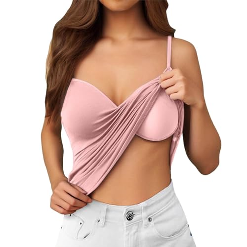 Generisch Tops Mit Integriertem BH Unterhemd Damen BH-Hemd Ohne Bügel Spaghettiträger Basic Top V-Ausschnitt Verstellbare Trägertop Unterhemden Tops Baumwolle Tanktop Baumwoll Stretch Eng Camisole von Generisch