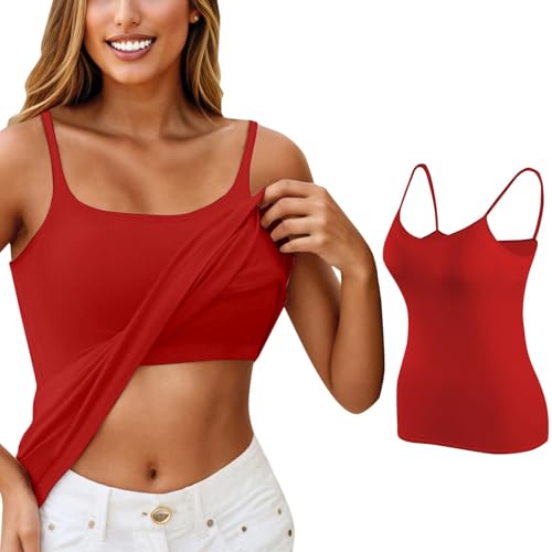 Generisch Tops Mit Integriertem BH Unterhemd Damen BH-Hemd Spaghettiträger Basic Top V-Ausschnitt Verstellbare Trägertop Unterhemden Baumwolle Tank Tops Mit Regal-BH Rot Tops XL von Generisch