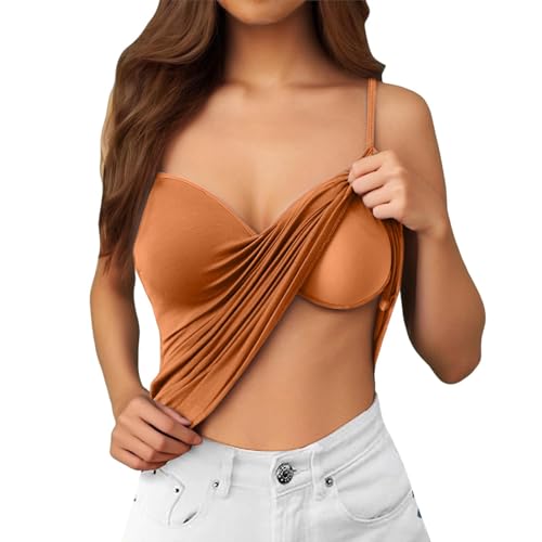 Generisch Tops Mit Integriertem BH Unterhemd Damen BH-Hemd Spaghettiträger Basic Top V-Ausschnitt Verstellbare Trägertop Unterhemden Tops Baumwolle Tank Top Mit Regal BH Orange Tops M von Generisch