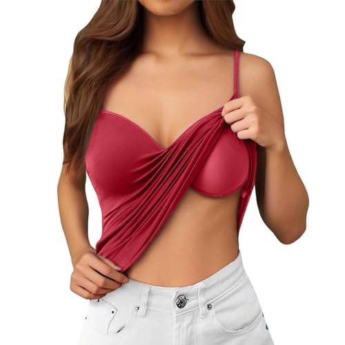Generisch Tops Mit Integriertem BH Unterhemd Damen BH-Hemd Spaghettiträger Basic Top V-Ausschnitt Verstellbare Trägertop Unterhemden Tops Baumwolle Tank Top Mit Regal BH von Generisch