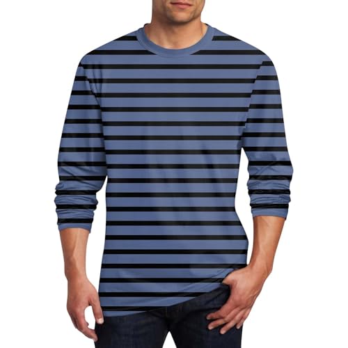 Generisch Tops Y2K, T-Shirts Für Herren Rundhals Langarm Shirt Gestreift Druck Männer T Shirts Laufshirt Freizeithemden (L, Navy) von Generisch
