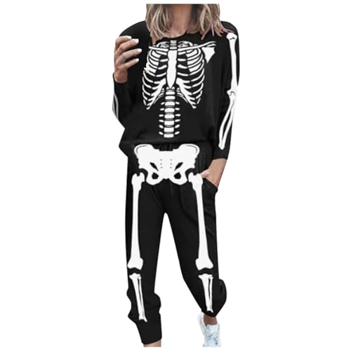 Generisch Totenkopf Jogginganzug Damen Set Casual Freizeitanzug Mit Taschen Leichte Pullover Zweiteiler Sportanzug Skelett Aufdruck Trainingsanzug Elastizität Sweatshirt Übergröße Tracksuit von Generisch