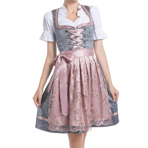 Generisch Tracht Damen Dirndl Kleid Damen 3-teilig – Ländliches Trachtenset mit Spitzenbluse, Schürze & besticktem Kleid aus Jacquard, für Oktoberfest, Volksfest & Trachtenumzug Dunkelgrau von Generisch