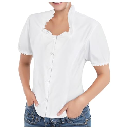 Generisch Trachten Damen Bluse,Trachtenbluse mit Rundhalsausschnitt Karierte Bluse Kurzarmhemd Stehkragen Oberteil Oktoberfest Hemd Kurzarm Trachtenblusen Casual Hemdbluse von Generisch