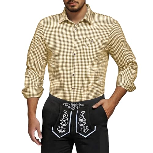 Generisch Trachten Hemden Herren Trachtenhemd Tracht Kariertes Hemd Langarm Slim Fit Karohemd Mit Tasche Baumwolle Freizeithemd Für Oktoberfest Khaki M von Generisch