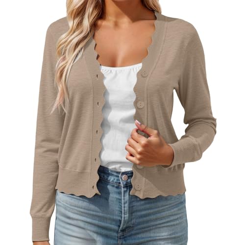 Generisch Trachten Jacke Für Damen Strickjacke Kurz Trachtenjacke Mit Knöpfen V Ausschnitt Leichte Cardigan Sommer Dünne Übergangsjacke Khaki S von Generisch