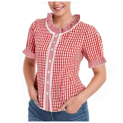 Generisch Trachtenbluse Damen, Trachtenbluse Damen Modern Kariert Kurzarm Trachtenblusen Rot Blau Trachten Bluse Bavarian Oktoberfest Damen Outfit Dirndlbluse Trachtenmode Spitze Trachtenshirt von Generisch