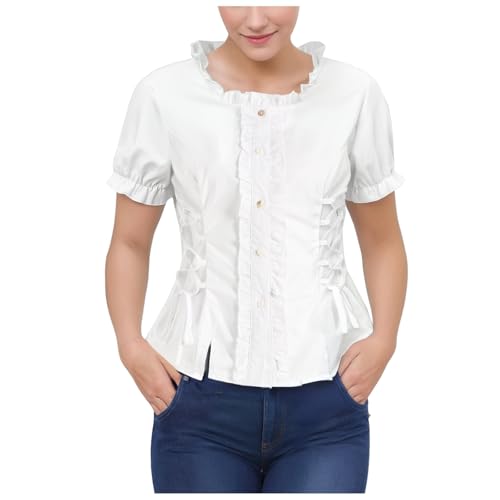 Generisch Trachtenbluse Damen Blusen Kostüm Hemden Oktoberfest Kariert Trachtenhemd Hemdbluse Kurzarm Spitze Karohemd Oberteile Casual Moderen,02 Weiß,XL von Generisch