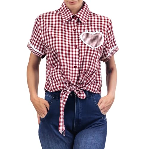 Generisch Trachtenbluse Damen Kariertes Bluse Hemdbluse Baumwolle Leinen Karohemd Kurzarm Oktoberfest Outfit Karierte Bluse Damen Oktoberfest Trachtenhemd Bierfest Dirndlbluse Karohemd (06 Red, XL) von Generisch