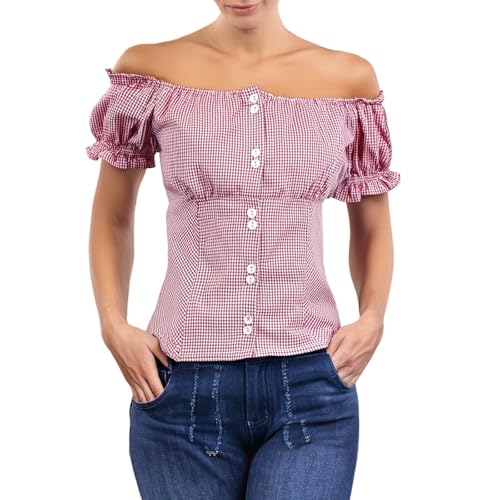 Generisch Trachtenbluse Damen Kurzarm Karierte Bluse Trachten Oktoberfest Outfit Trachten Hemd Große Größen Trachtenshirt Moderne Trachtenbluse von Generisch