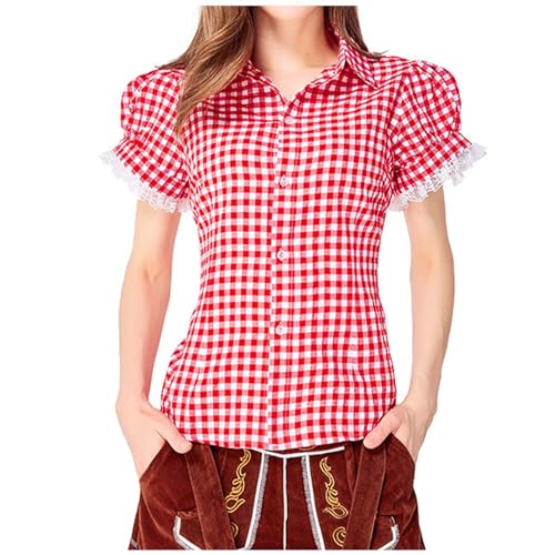 Generisch Trachtenbluse Damen Modern Rot Kariert Trachten Bluse Kurzarm Trachtenblusen Oktoberfest Kostüm Dirndl Bluse Traditionelle Blusen Trachtenshirt Dirndlbluse (Red, L) von Generisch