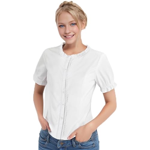 Generisch Trachtenbluse Damen Oktoberfest Modern Kurzarm Bluse Trachtenhemd Oberteil Trachten Bayerin Trachtenbluse Dirndlbluse Rundhalsausschnitt Dirndl Trachtenmieder Weiß2 L von Generisch
