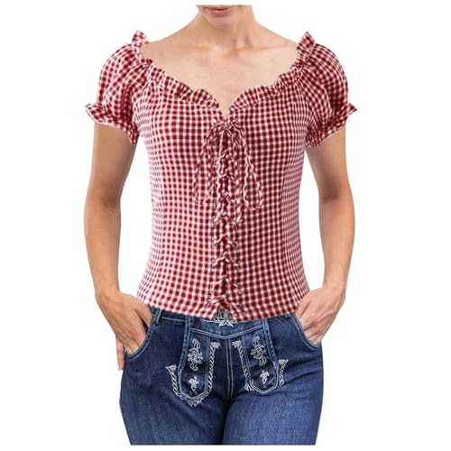 Generisch Trachtenbluse Damen Trachtenbluse Damen Trachten Bluse Rot/Schwarz Kariert Kurzarm Trachtenmode Oktoberfest Bluse S-3XL von Generisch