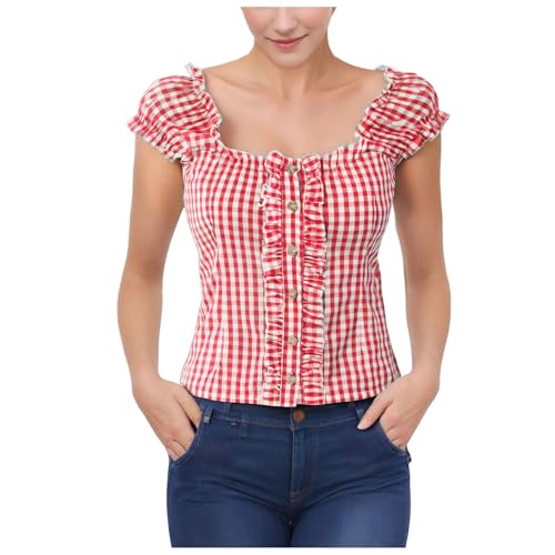 Generisch Trachtenbluse Damen Trachtenbluse Damen Trachten Bluse Rot/Schwarz Kariert Kurzarm Trachtenmode Oktoberfest Bluse S-3XL von Generisch