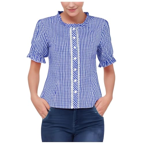Generisch Trachtenbluse Damen Trachtenbluse Damen Trachten Bluse Rot/Schwarz Kariert Kurzarm Trachtenmode Oktoberfest Bluse S-3XL von Generisch
