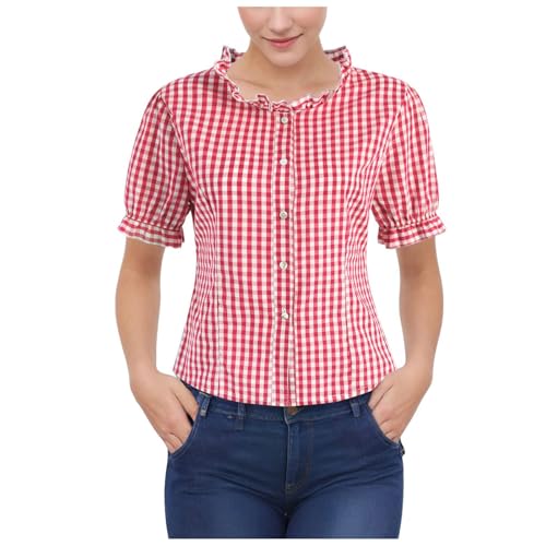 Generisch Trachtenbluse Damen Trachtenblusen Kariert Kurzarm Oktoberfest Bluse mit Stehkragen Große Größen Trachtenhemd Trachtenmode Knopfleiste Tuniken Hemdbluse von Generisch