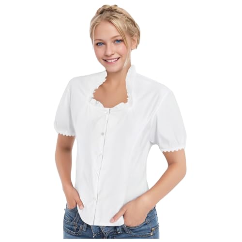Generisch Trachtenbluse Damen Weiß Rundhalsausschnitt Trachtenbluse Dirndlbluse Oktoberfest Modern Kurzarm Bluse Trachtenhemd Oberteil Trachten Bayerin Dirndl Trachtenmieder White XL von Generisch