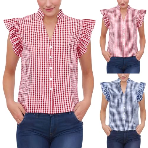 Generisch Trachtenbluse Damen schwarz Langarm blau kariert große größen 50, Trachtenbluse kariert - traditionelle taillierte Trachten Bluse mit Stehkragen & Herzknöpfen Rot 3XL von Generisch