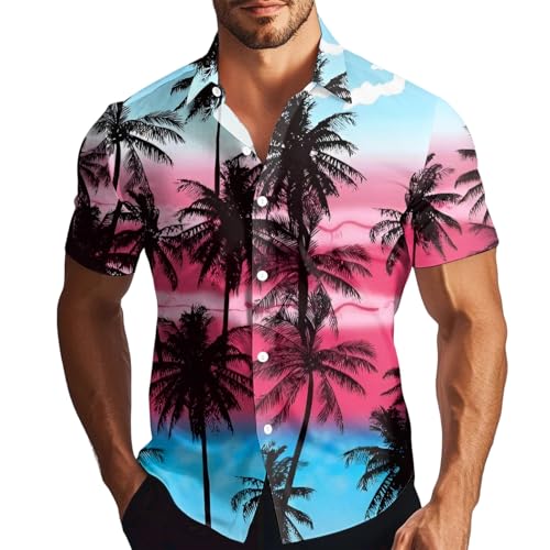 Generisch Trachtenhemd Herren, Hawaii Männer, Freizeit Herren Kurzarm, Bequemes Leichtes Sommer, Button Down Strandurlaub Hemd Kurzarm Regular Fit Leinenhemden Sommer Jeans (3XL, Pink) von Generisch