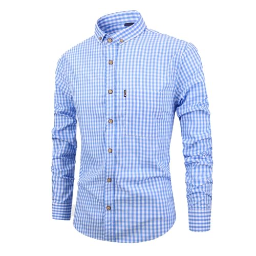Generisch Trachtenhemd Herren Blau, Trachtenhemd Herren Slim Fit Trachten Karohemd Langarm Trachtenhemden Einfarbig Kariertes Hemd mit Tasche Comfort Freizeithemd für Oktoberfest von Generisch