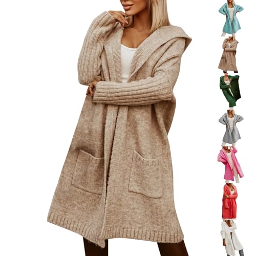 Generisch Trachtenjacke Damen, Strickjacke Lang Mit Kapuze Langarm Grobstrick Cardigan Open Front Sweater Jacke Herbst Winter Strickjacken Casual Strick Pullover Taschen, Elegante Strickjacke Damen von Generisch
