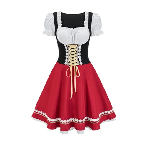 Generisch Trachtenkleid Damen Dirndl Kleid Damen einteilig – Klassisches Trachtenkleid mit Bluse & Mieder in Schwarz-Rot oder Schwarz-Grün, Knielang mit Satinschimmer für Oktoberfest & Volksfest Rot von Generisch