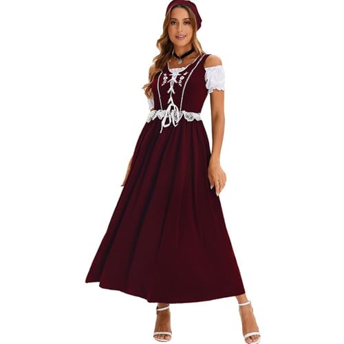 Generisch Trachtenmode Dirndl Damen Midi Set 3-Teilig Trachtenrock Trachtenkleid Besondere Anlässe Kleid Inkl. Dirndlbluse & Dirndlschürze 3-Teilig Für Oktoberfest Weinrot XL von Generisch