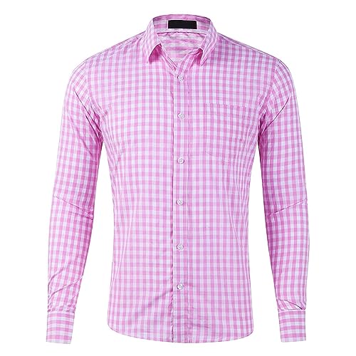 Generisch Trachtenmode Herren, Langarm Oktoberfest Freizeithemd Slim Fit Für Männer Hemd Herren Stehkragen Outfit Shirt Kariertes Fit Leinen Trachtenhemd Stickerei Hemden (XL, Rosa) von Generisch